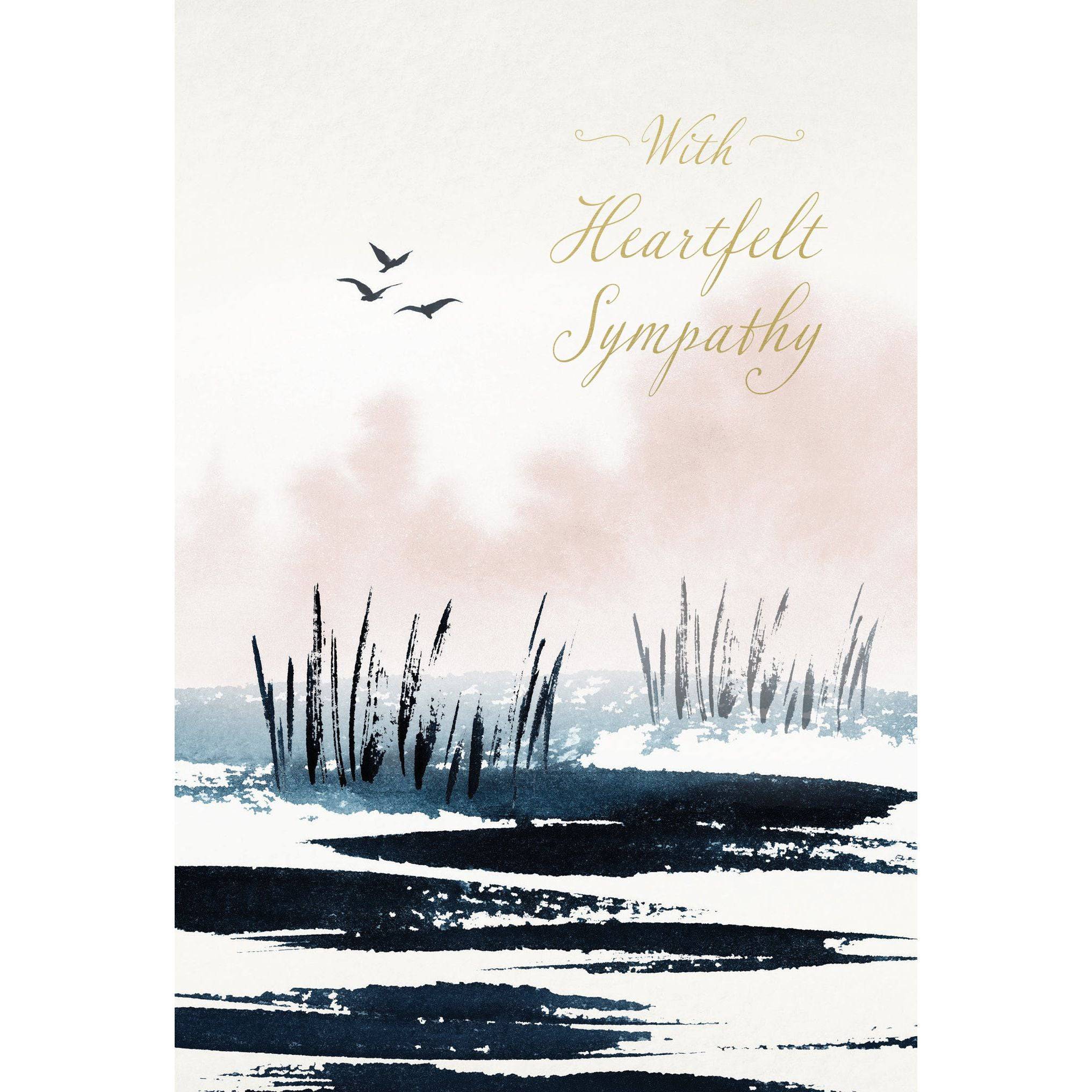 Pictura Birds Over Lake sympathy card featuring watercolor illustration of birds flying over a tranquil lake scene.